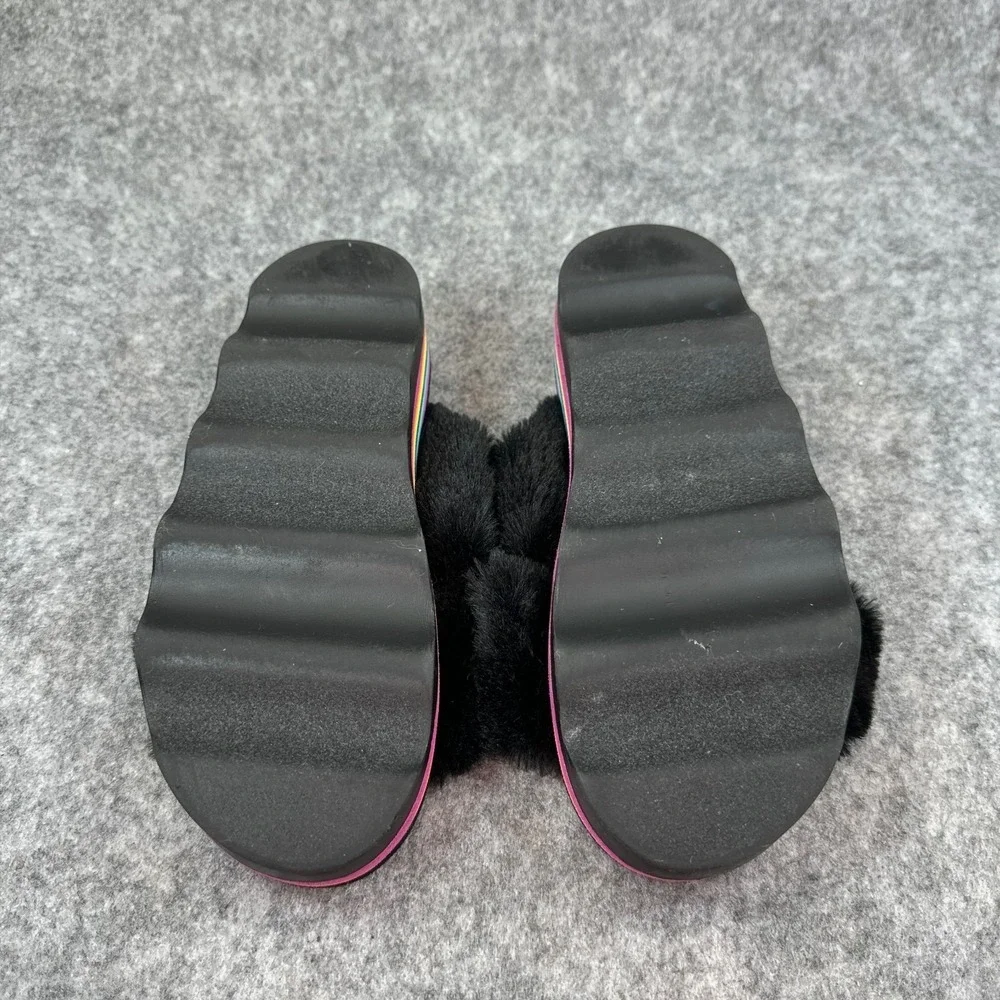 Kidpik Girls Size 2 Black Faux Fur Slide Sandals Platform Slip On Slides